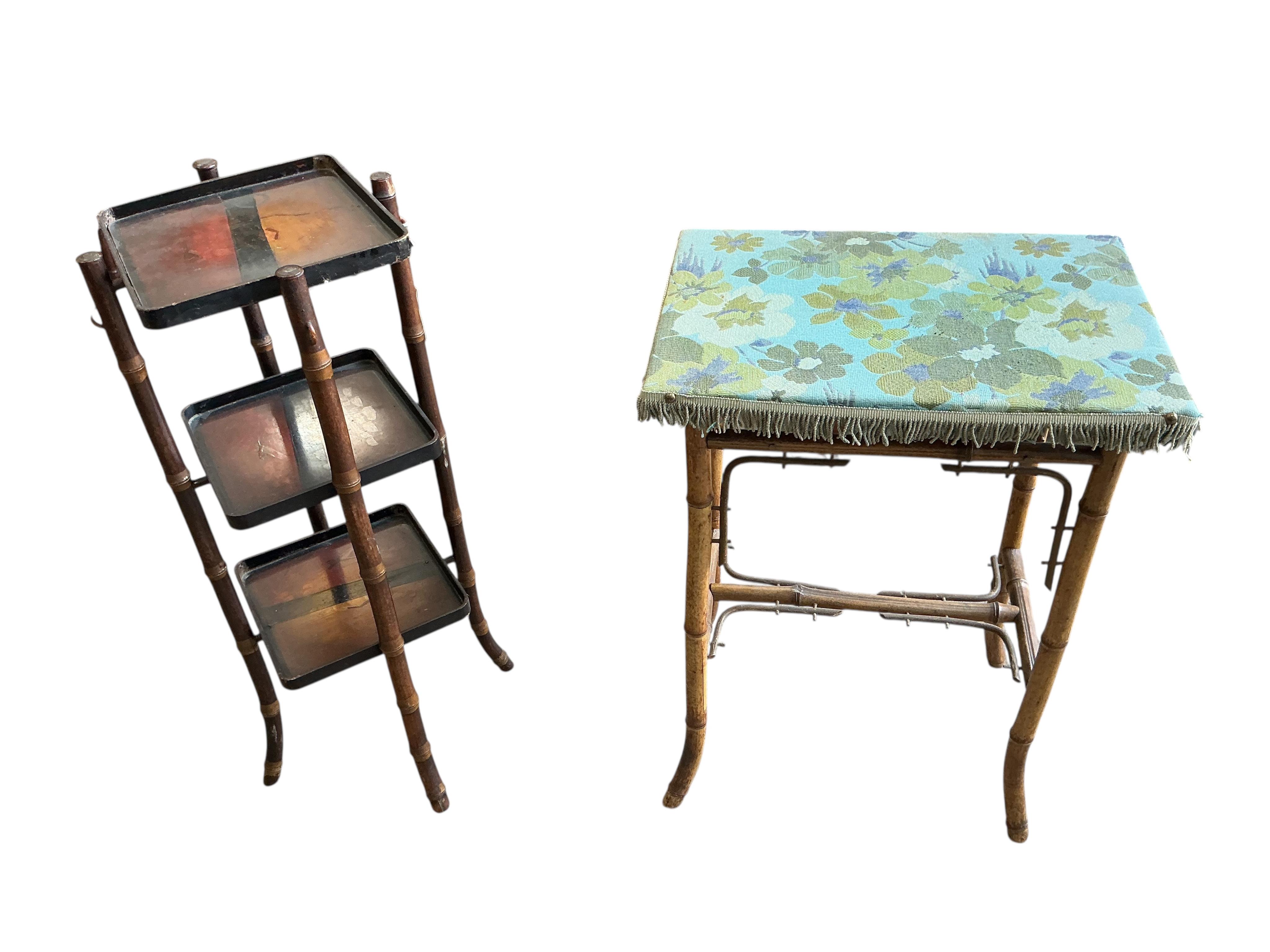 An early 20th century French rectangular bamboo occasional table, width 50cm, depth 36cm, height 71cm together with a lacquered bamboo three tier cake stand